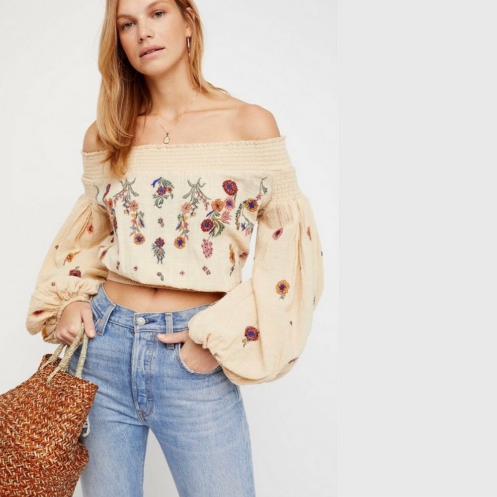 Free People Saachi Smocked Floral Embroidered Peasant Off the Shoulder Top
